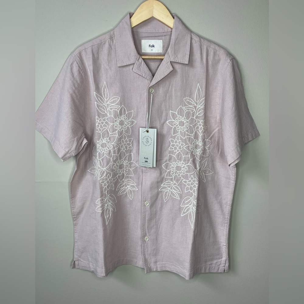 New FOLK Size Medium Shirt Men's Button Down LINEN BLEND Pink Flower Embroidery